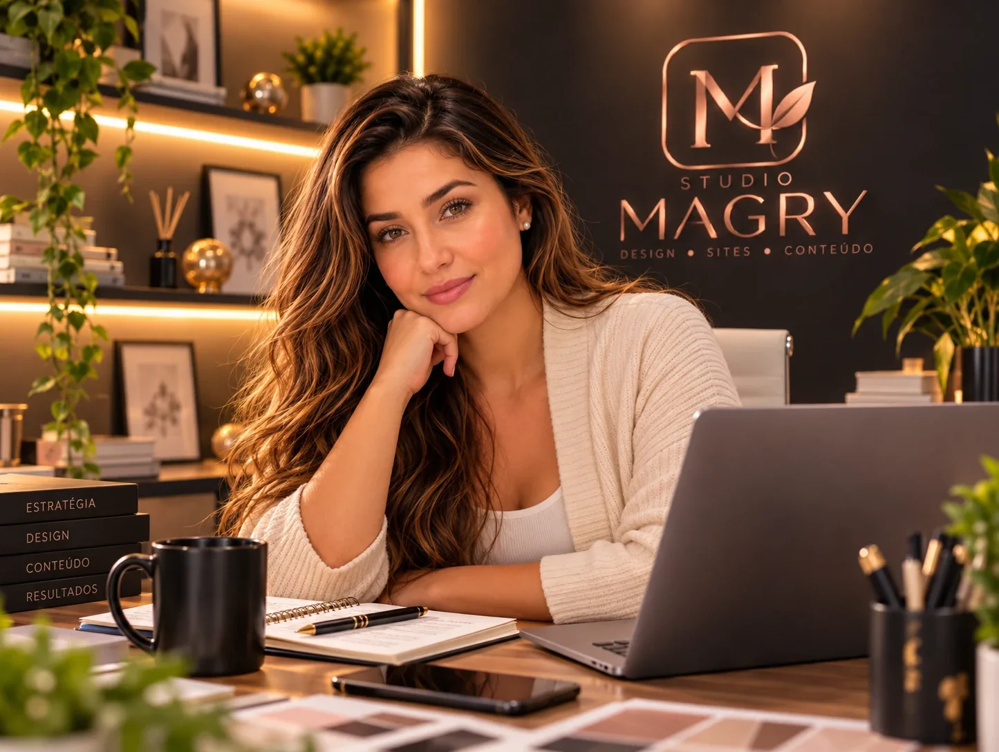 Fundadora do Studio Magry sentada à mesa de trabalho em seu estúdio, diante de um notebook, com a logo Studio Magry na parede ao fundo
